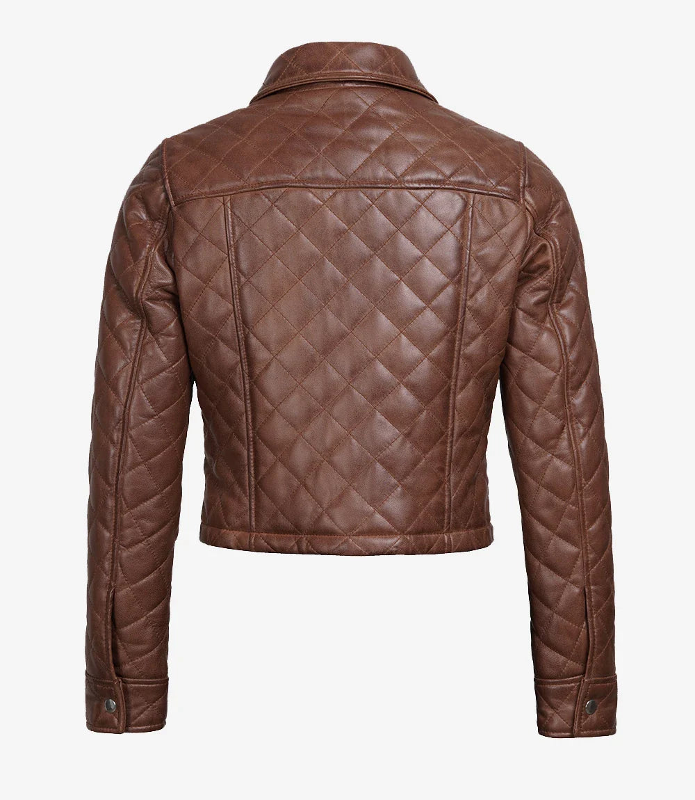 Mirlzar Women’s Cognac Brown Quilted Cropped Leather Jacket 1