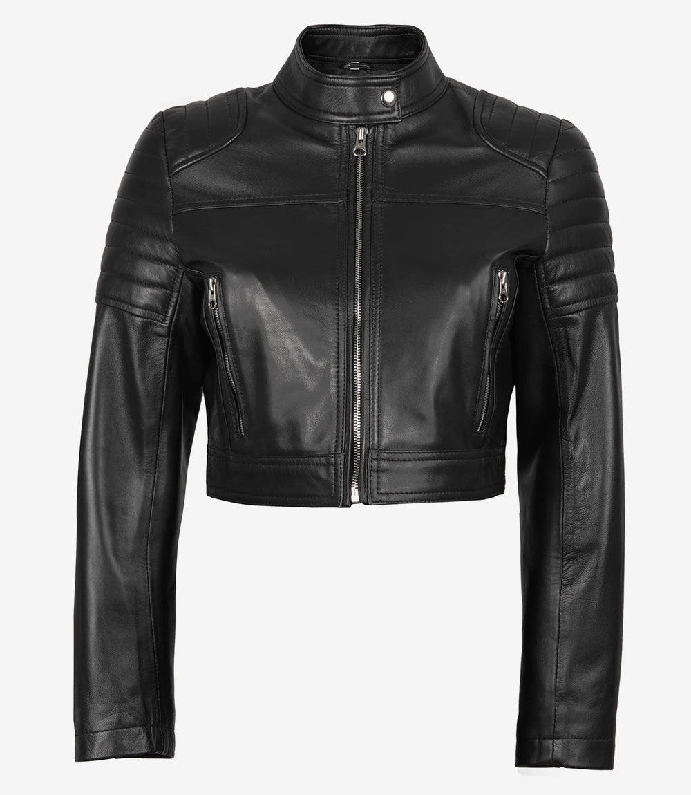 Women's Black Cropped Biker Style Real Leather Jacket