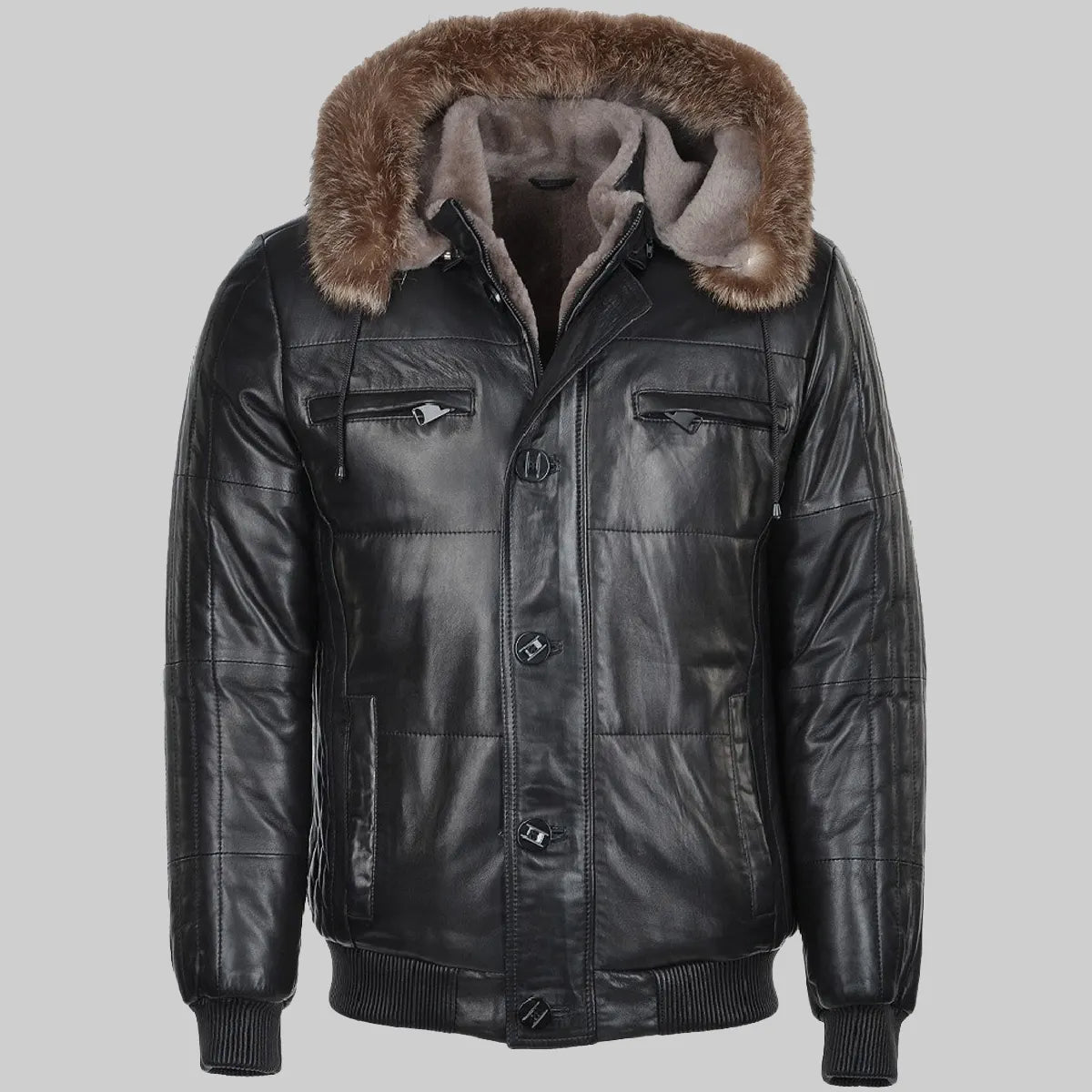 MIRLZAR Carter Men’s Black Bomber Fur Hooded Leather Jacket – Urban Winter Edition