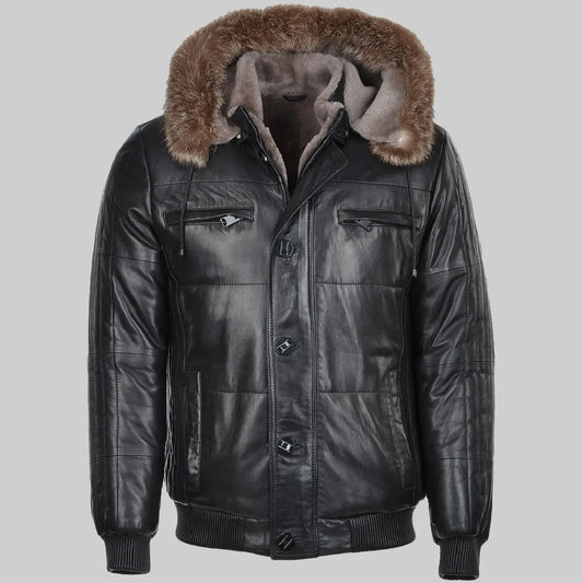 MIRLZAR Carter Men’s Black Bomber Fur Hooded Leather Jacket – Urban Winter Edition