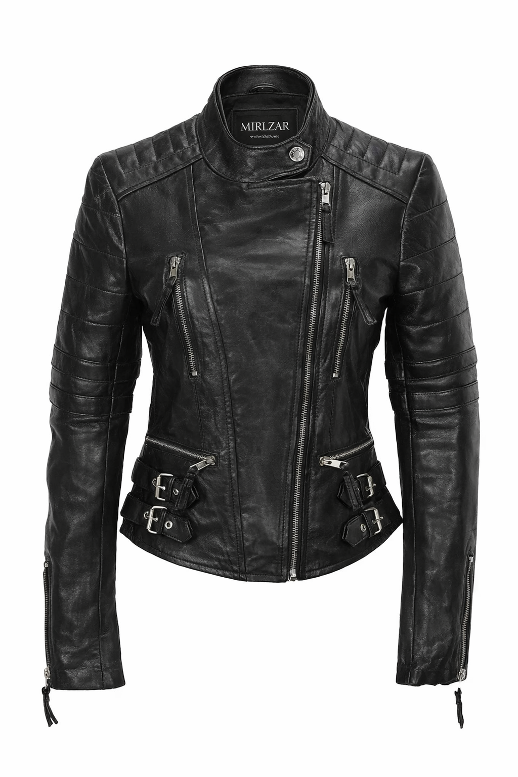 Women’s Black Leather Slim Fit Jacket with Buckle Detail