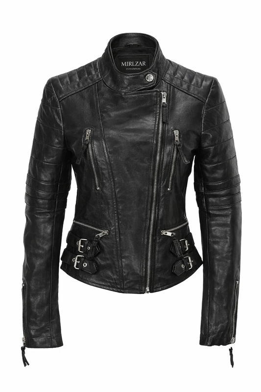Women’s Black Leather Slim Fit Jacket with Buckle Detail