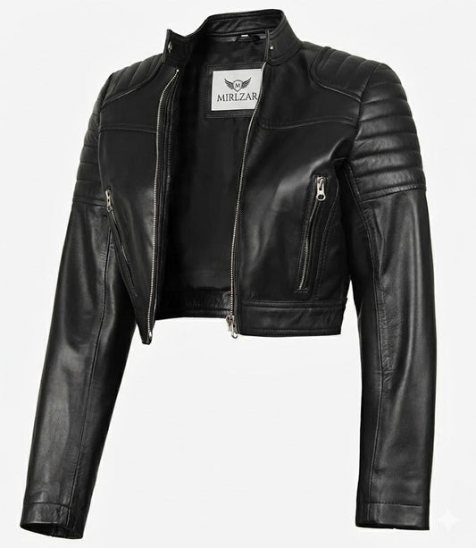 Edna Women’s Black Cropped Leather Jacket – Modern Short Body Fit