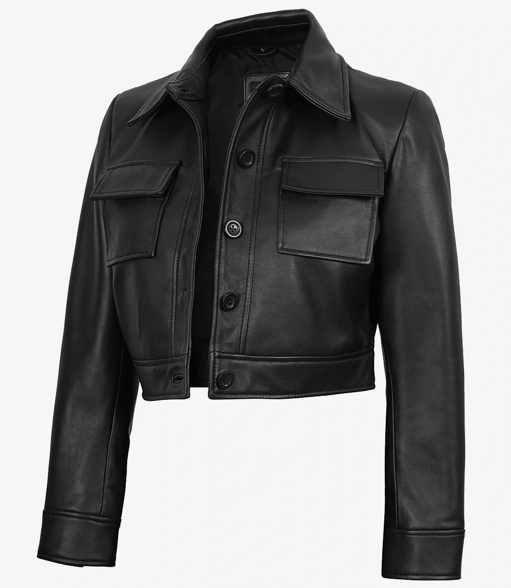 Freddie Women’s Black Cropped Harrington Leather Jacket – Real Lambskin