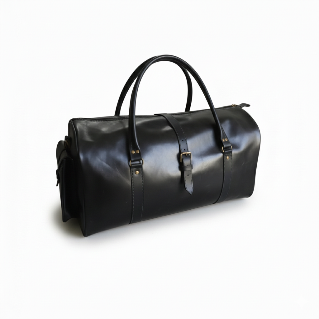 Mirlzar Premium Black Full-Grain Pull-Up Leather Duffel Bag
