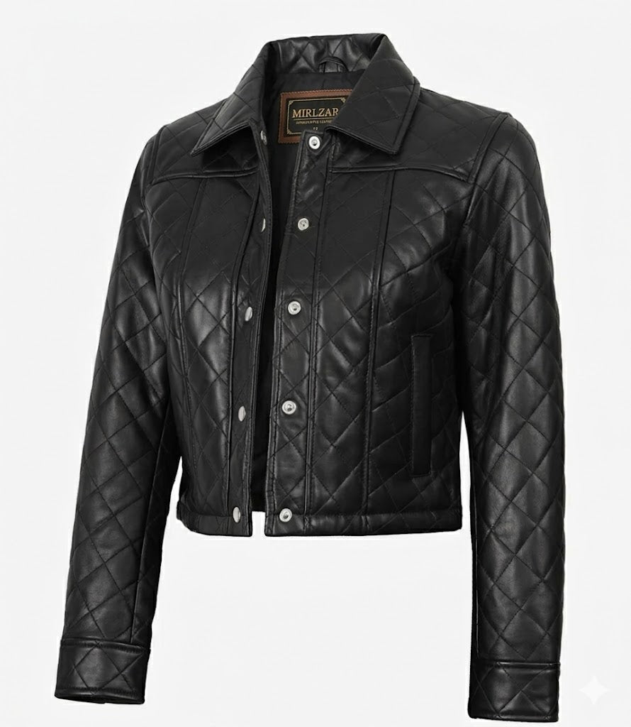Mirlzar Women’s Black Quilted Cropped Leather Jacket