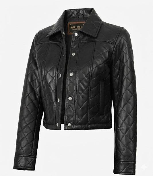 Mirlzar Women’s Black Quilted Cropped Leather Jacket