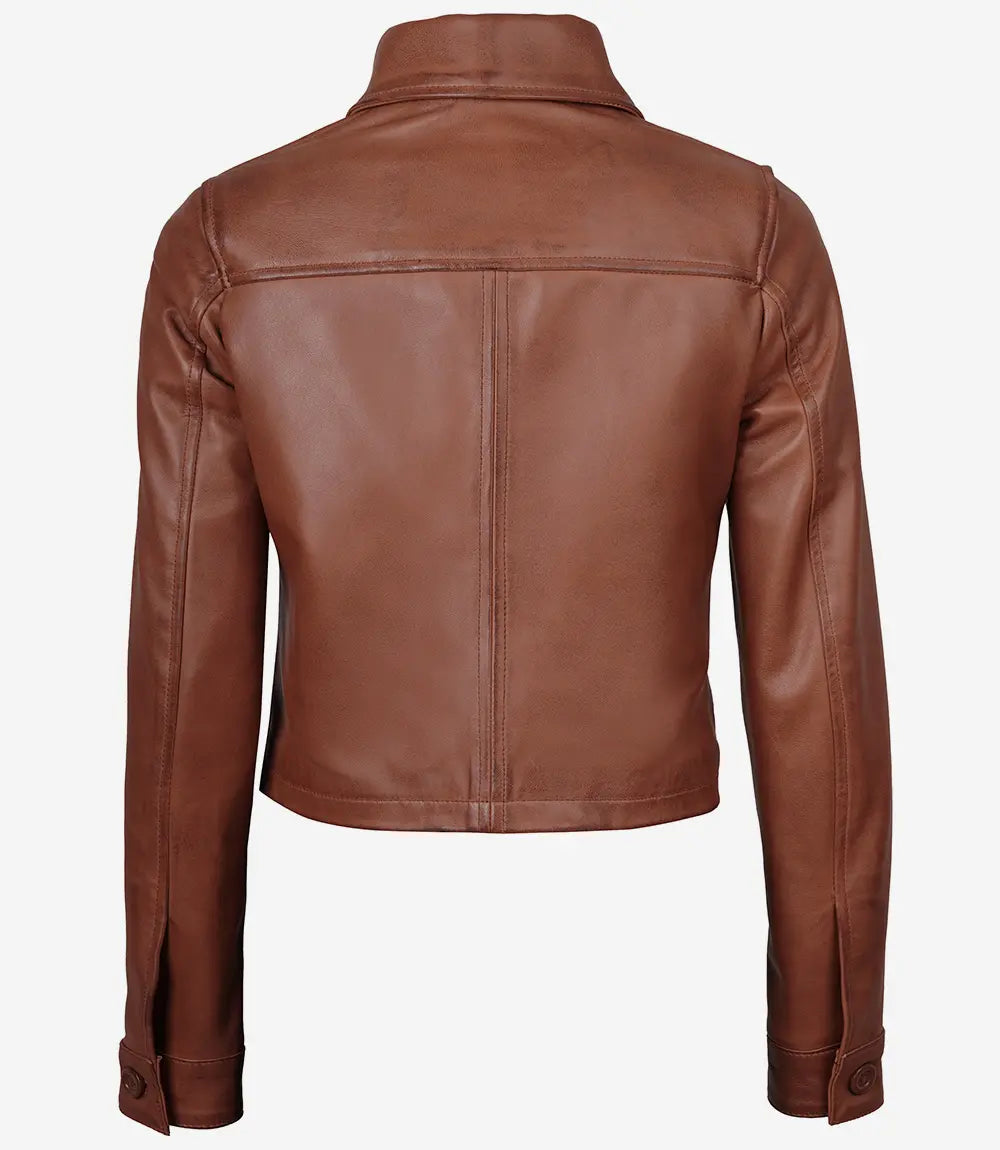 Mirlzar Women’s Cognac Brown Cropped Harrington Leather Jacket – Button Front Chic Fit 1