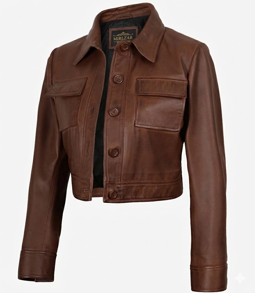 Mirlzar Women’s Cognac Brown Cropped Shirt Collar Leather Jacket