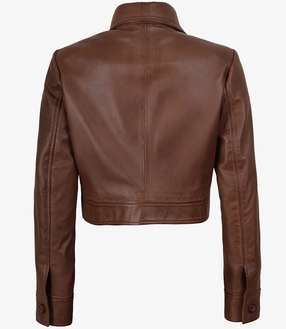 Mirlzar Women’s Cognac Brown Cropped Shirt Collar Leather Jacket 1