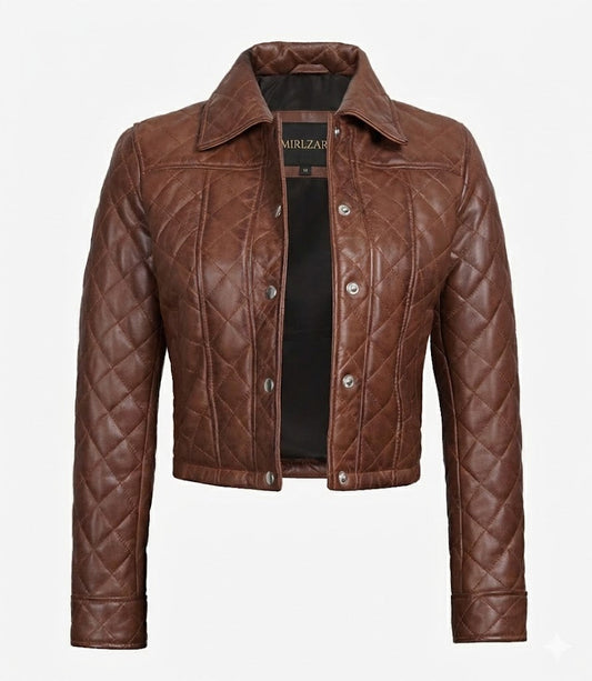 Mirlzar Women’s Cognac Brown Quilted Cropped Leather Jacket
