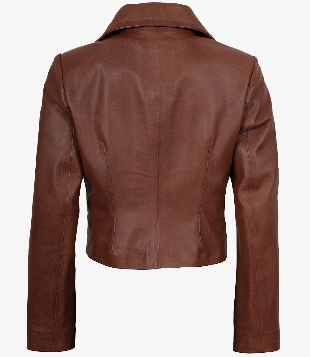 Mirlzar Women’s Cognac Brown Single Button Cropped Leather Jacket 1