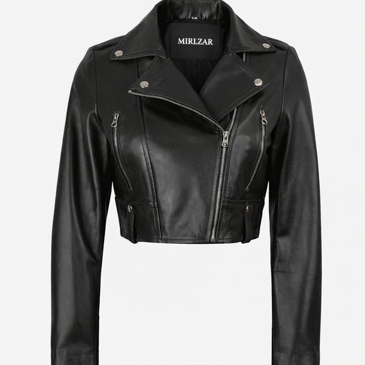 Mirlzar Women’s Cropped Black Lambskin Leather Biker Jacket – Slim Moto Fit