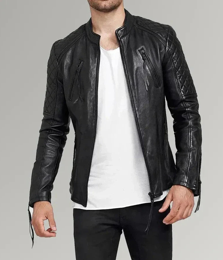 Mirlzar | Men's Diamond Quilted Black Leather Biker Jacket
