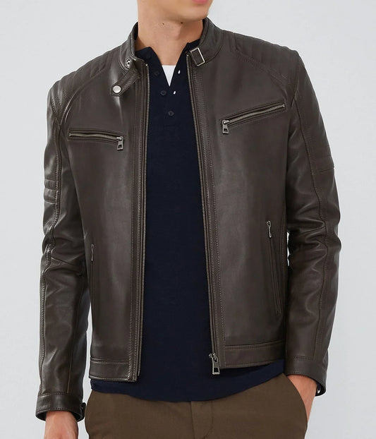 Mirlzar | Men's Dark Brown Zipper Leather Biker Jacket