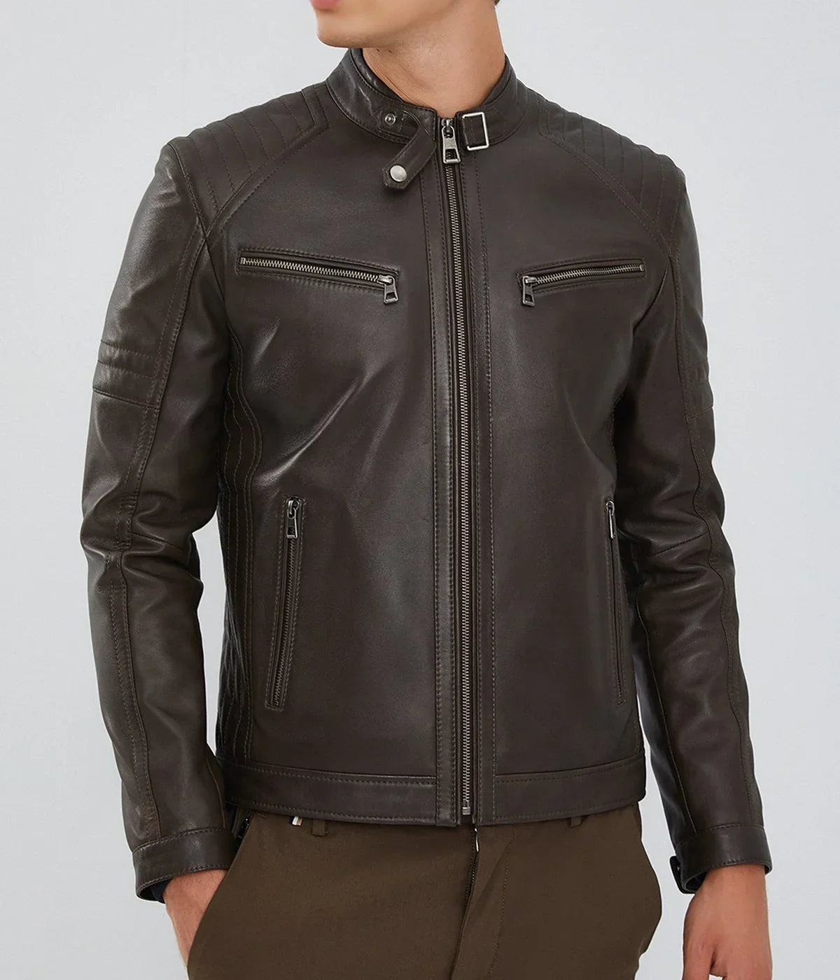 Mirlzar | Men's Dark Brown Zipper Leather Biker Jacket