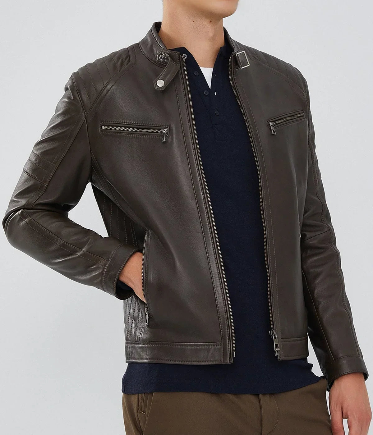 Mirlzar | Men's Dark Brown Zipper Leather Biker Jacket