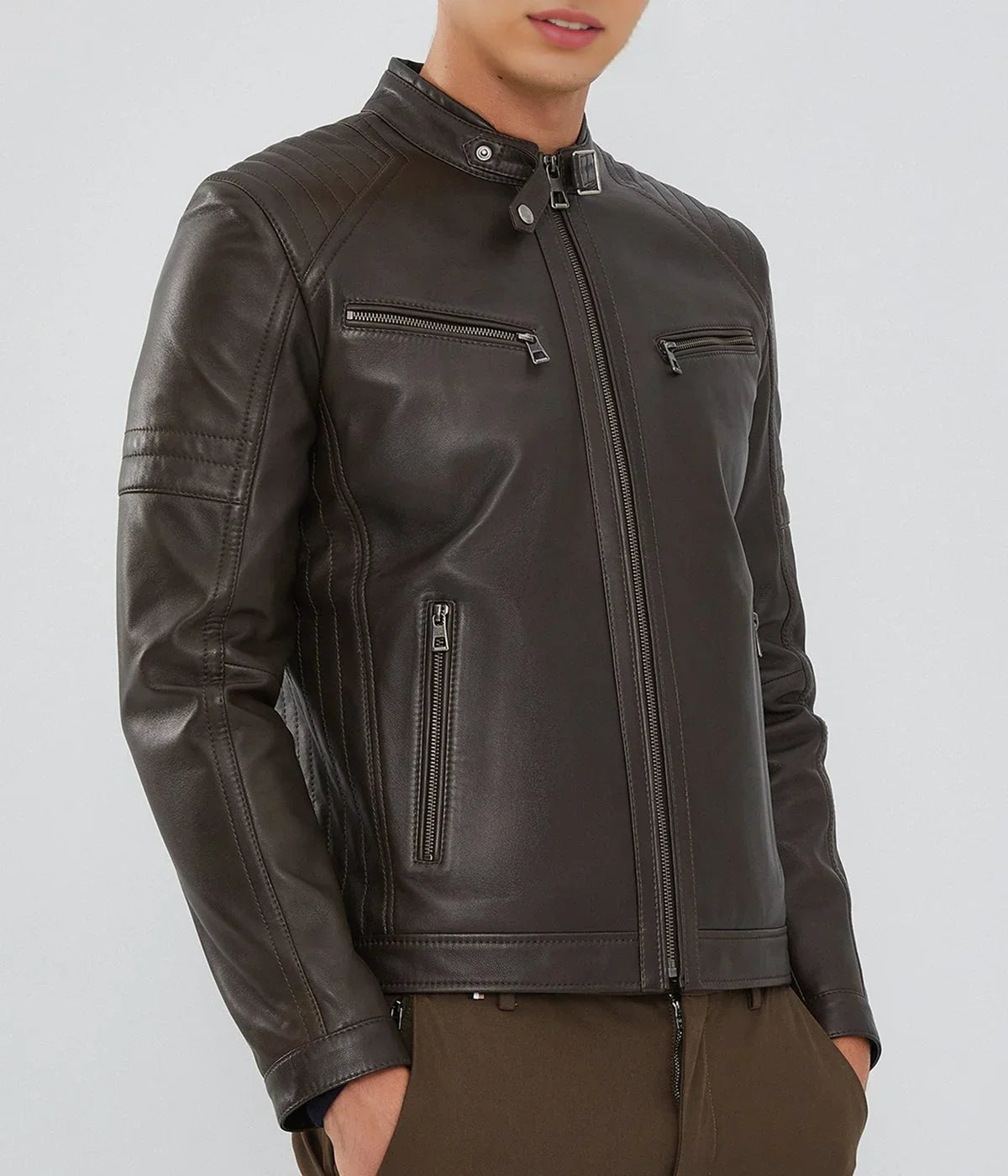 Mirlzar | Men's Dark Brown Zipper Leather Biker Jacket