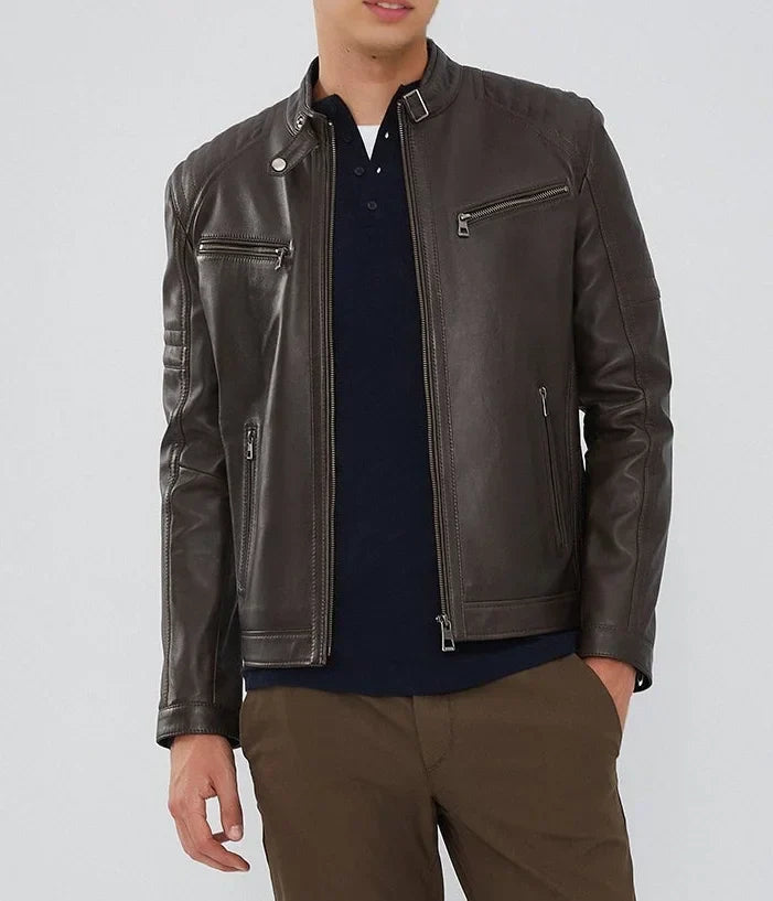Mirlzar | Men's Dark Brown Zipper Leather Biker Jacket
