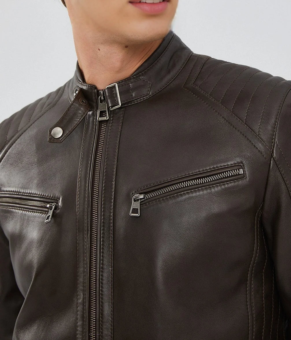 Mirlzar | Men's Dark Brown Zipper Leather Biker Jacket