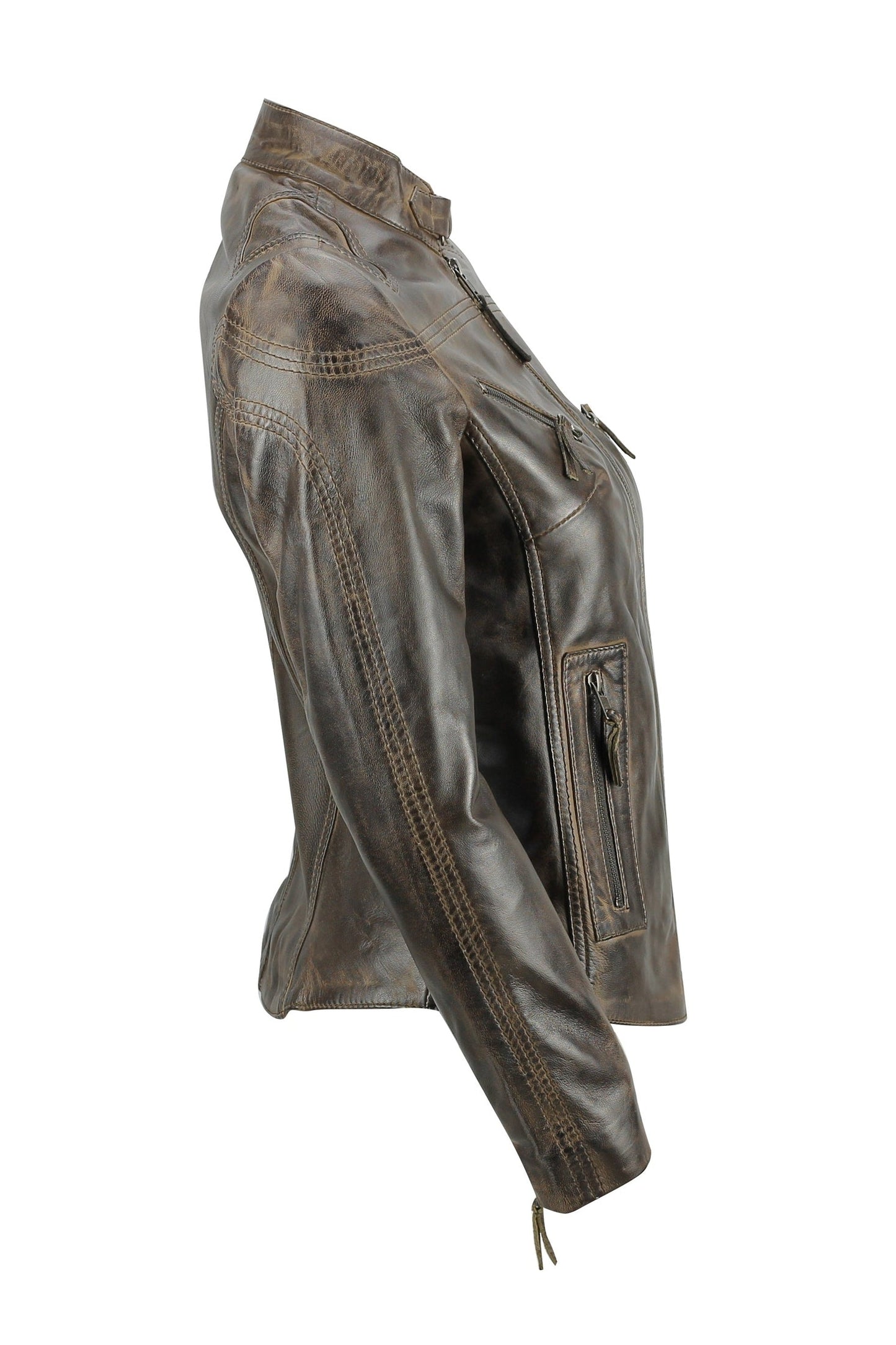 Retro Leather Biker Jacket Brown side
