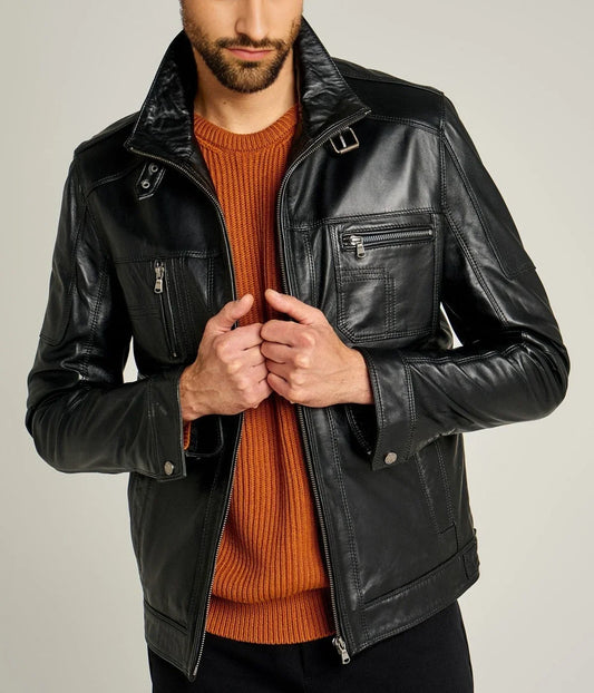 Mirlzar Rockafella | Men's Black Sheepskin Leather Biker Jacket
