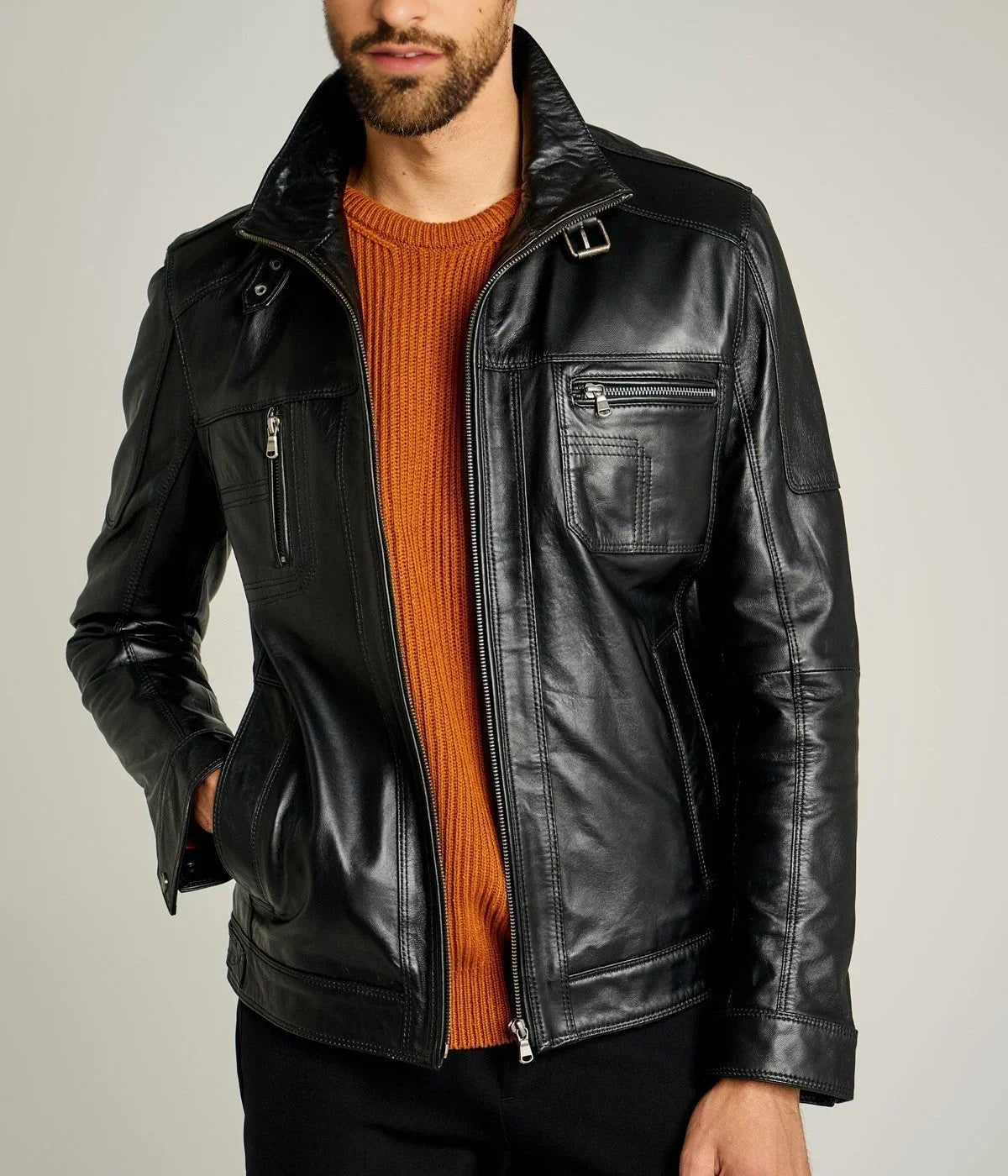 Mirlzar Rockafella | Men's Black Sheepskin Leather Biker Jacket