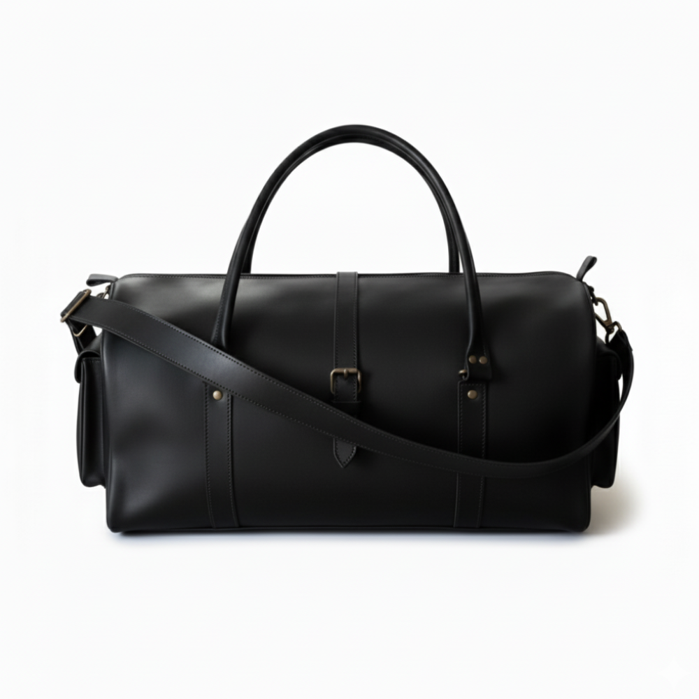Mirlzar Premium Black Full-Grain Pull-Up Leather Duffel Bag