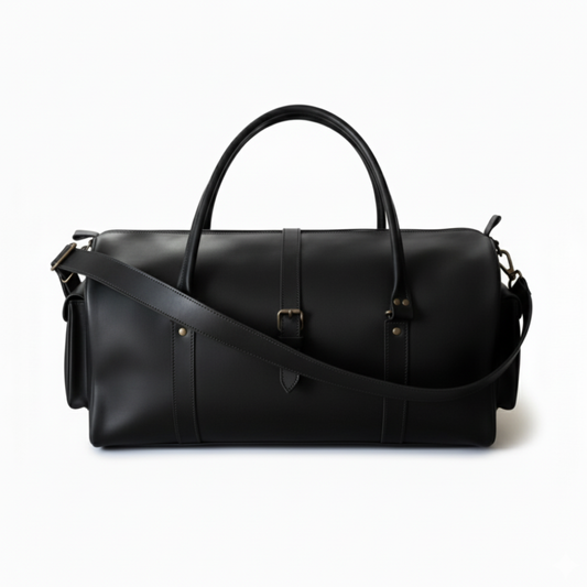 Mirlzar Premium Black Full-Grain Pull-Up Leather Duffel Bag