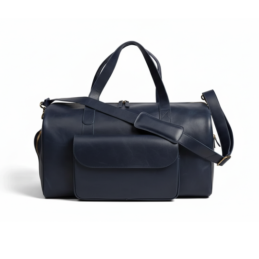 Mirlzar Premium Navy Full-Grain Pull-Up Leather Duffel Bag