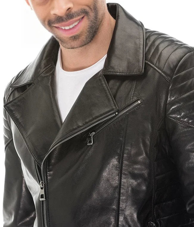Vanguard Men’s Black Sheepskin Leather Biker Jacket | MIRLZAR