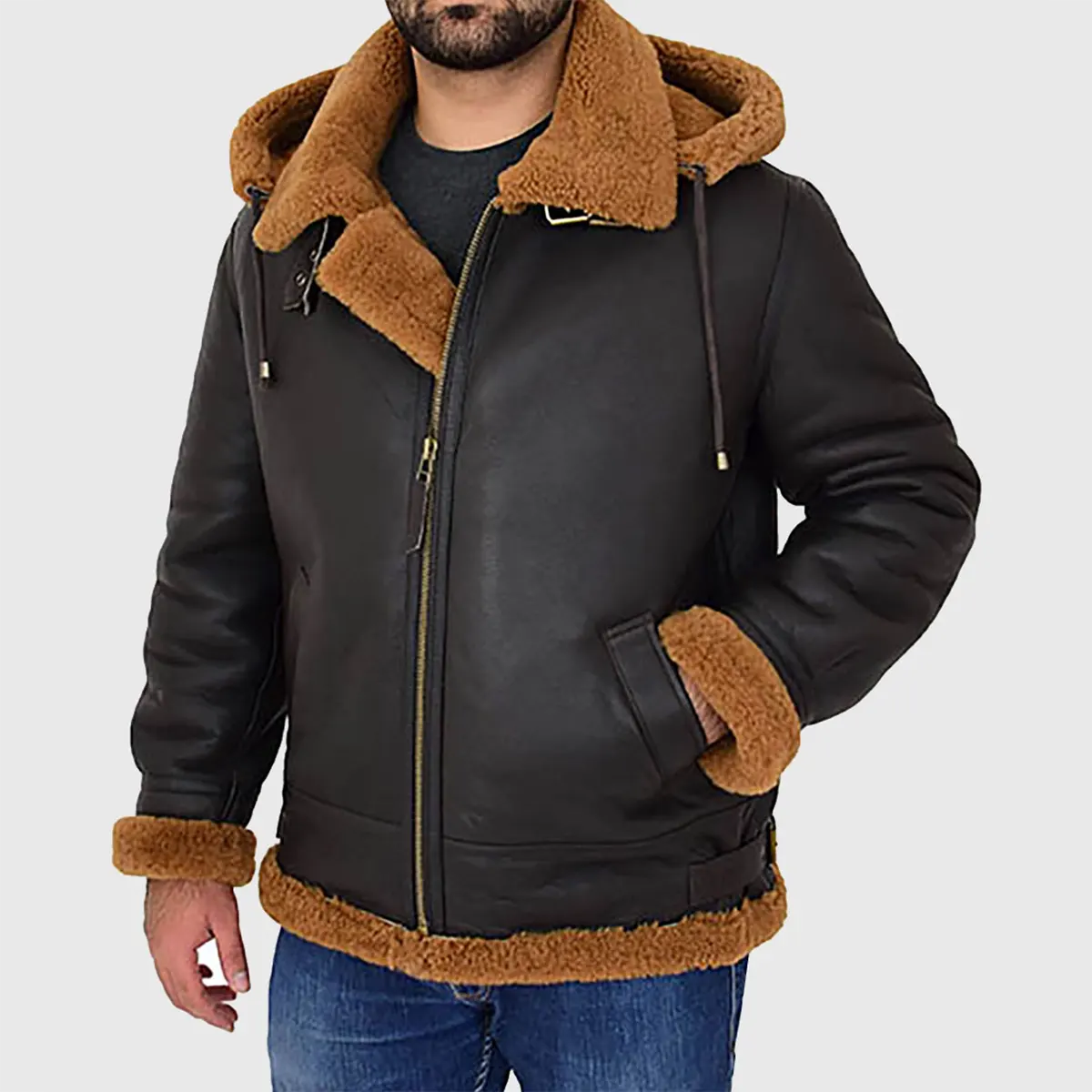 MIRLZAR Victor Men’s Black Hooded B-3 Bomber Leather Jacket – Classic Aviator Winter Edition