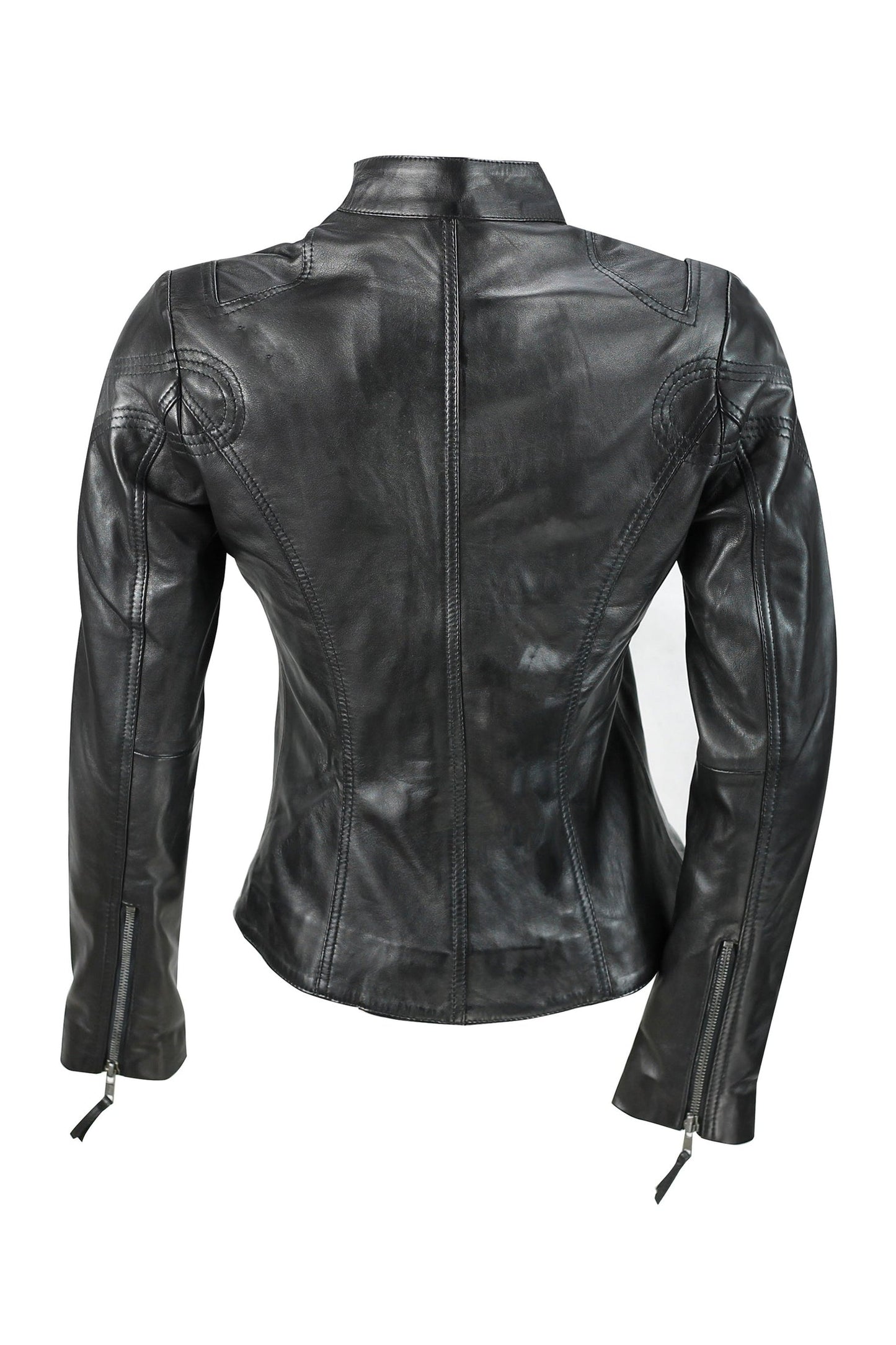 Women’s Black Leather Slim Fit Biker Jacket back