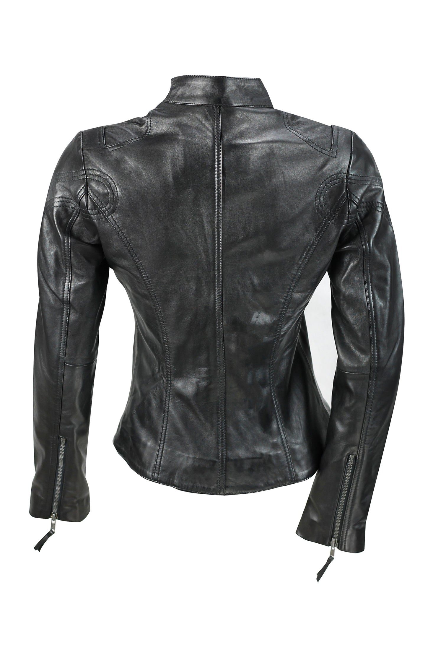 Women’s Black Leather Slim Fit Biker Jacket back