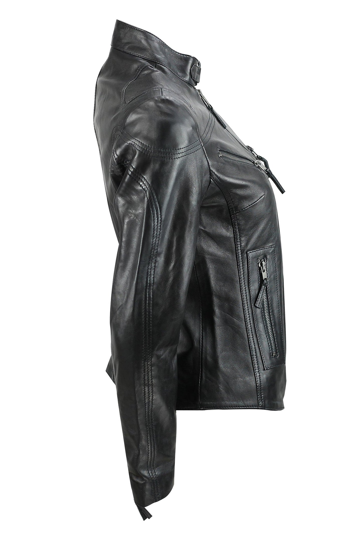 Women’s Black Leather Slim Fit Biker Jacket side
