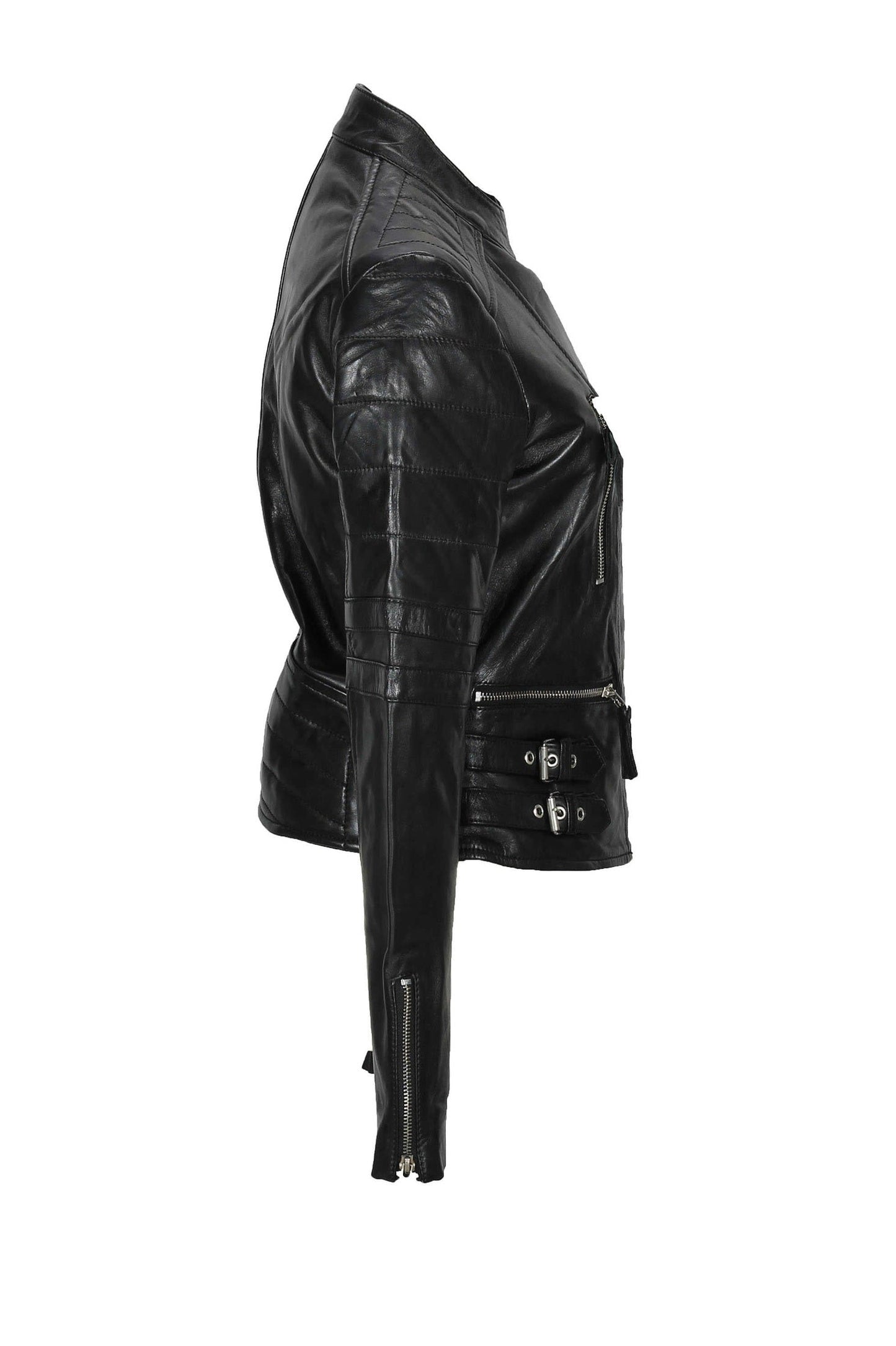 Women’s Black Leather Slim Fit Jacket with Buckle Detail