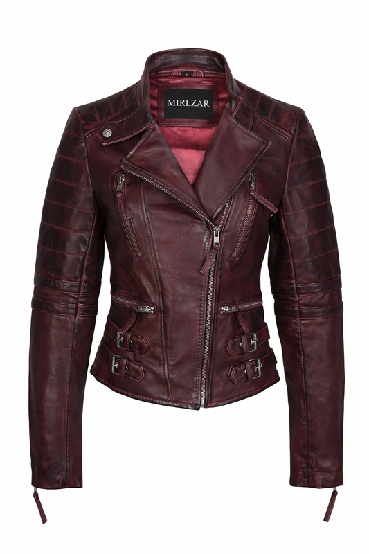 Women’s Wine Leather Slim Fit Jacket with Buckle Detail