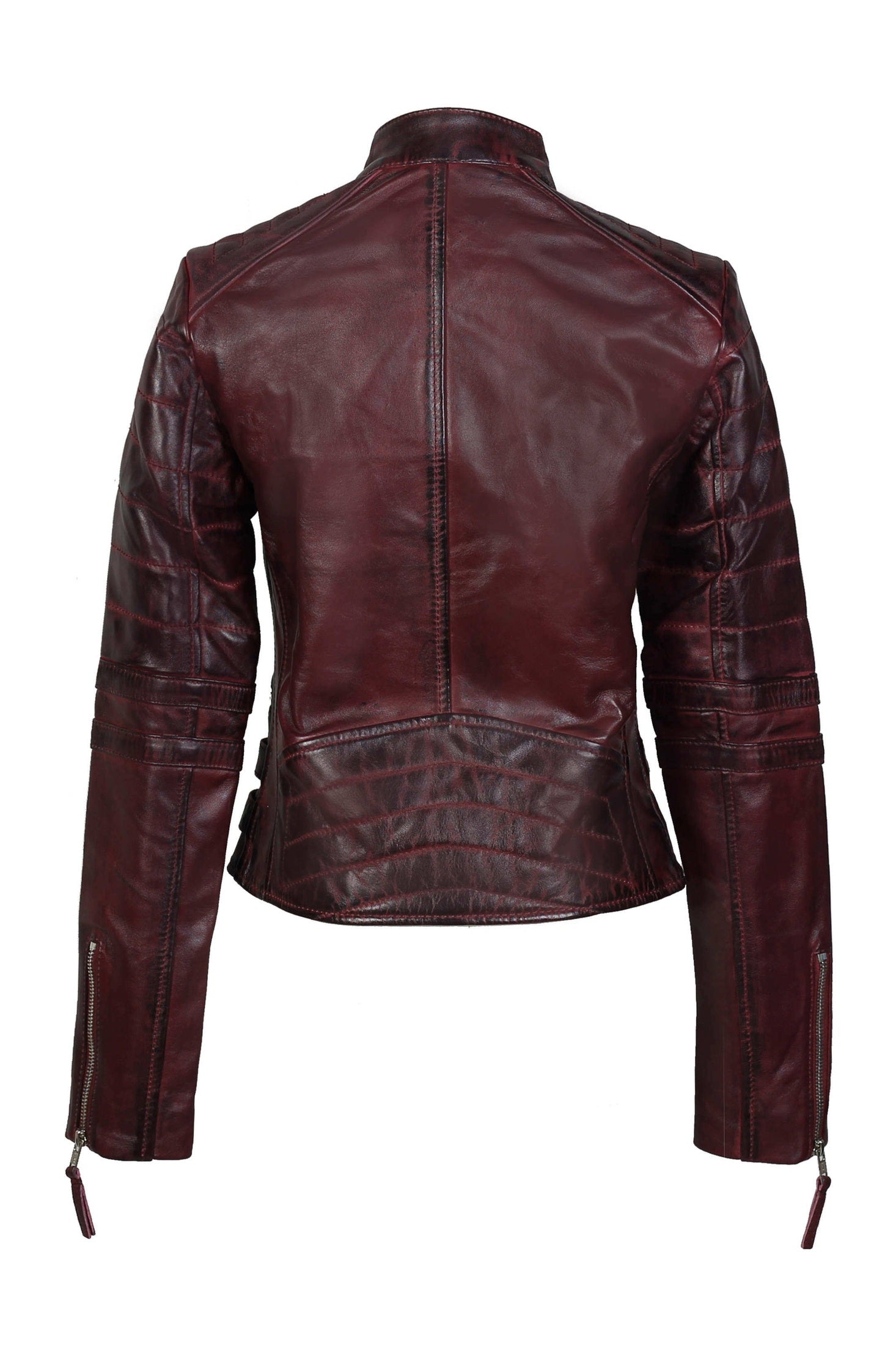 Women’s Wine Leather Slim Fit Jacket with Buckle Detail back