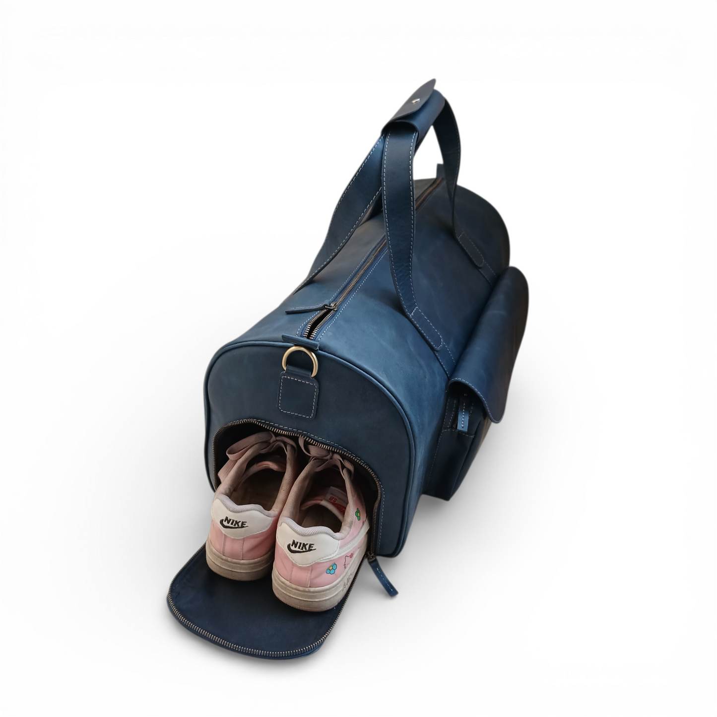 Mirlzar Premium Navy Full-Grain Pull-Up Leather Duffel Bag