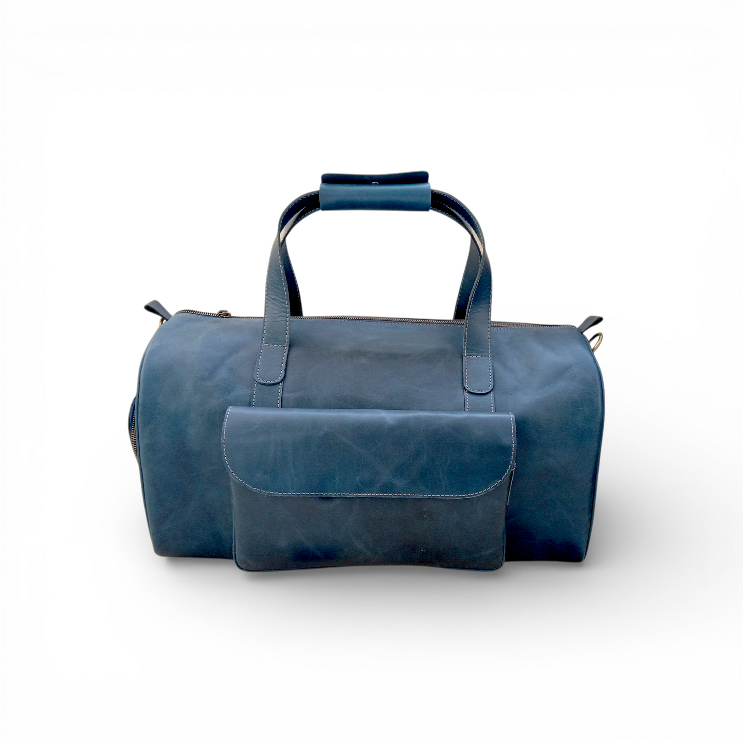 Mirlzar Premium Navy Full-Grain Pull-Up Leather Duffel Bag