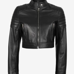 Women's Black Cropped Biker Style Real Leather Jacket