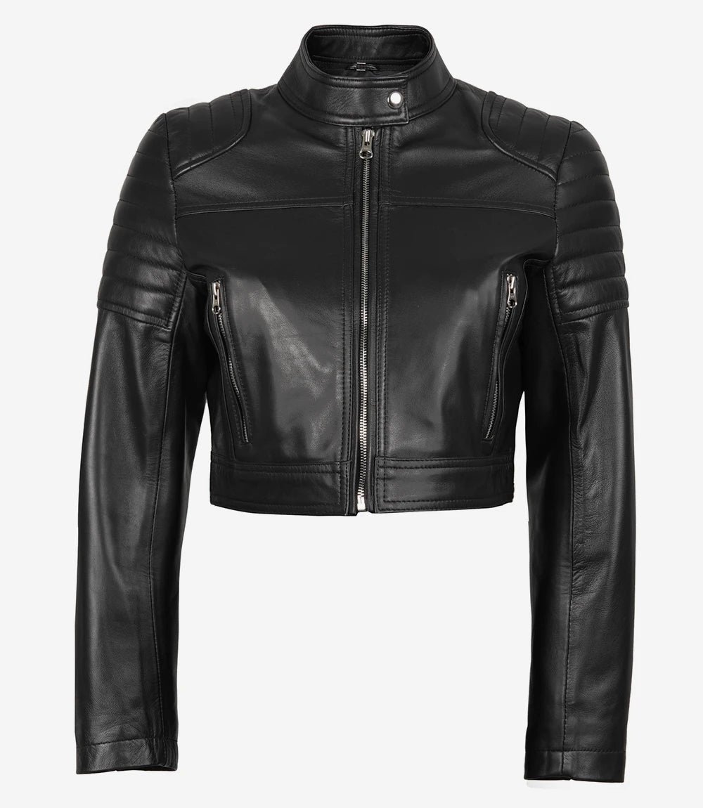 Women's Black Cropped Biker Style Real Leather Jacket