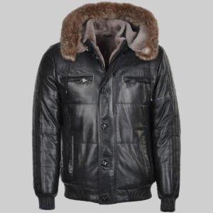 MIRLZAR Carter Men’s Black Bomber Fur Hooded Leather Jacket – Urban Winter Edition