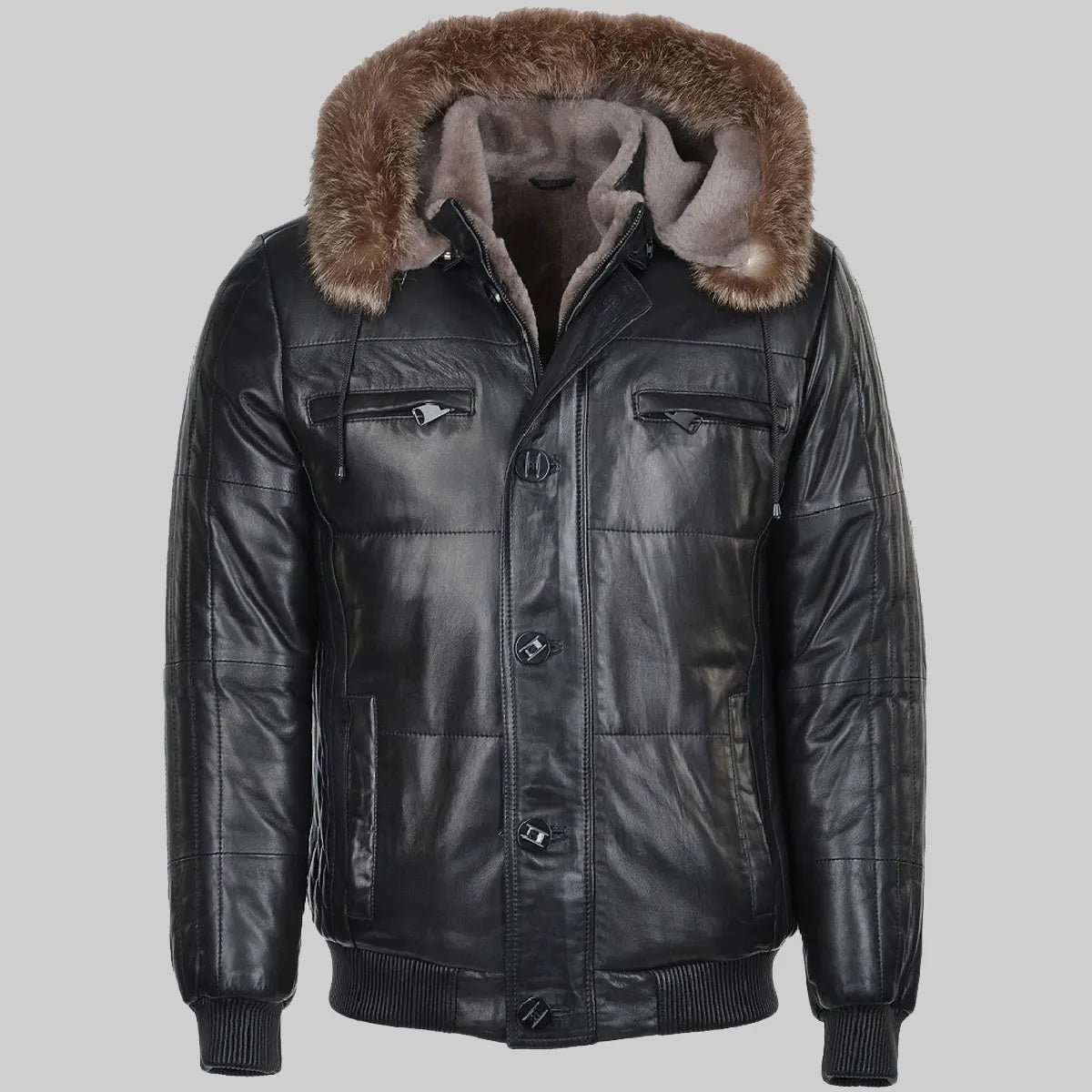MIRLZAR Carter Men’s Black Bomber Fur Hooded Leather Jacket – Urban Winter Edition