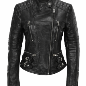 Women’s Black Leather Slim Fit Jacket with Buckle Detail