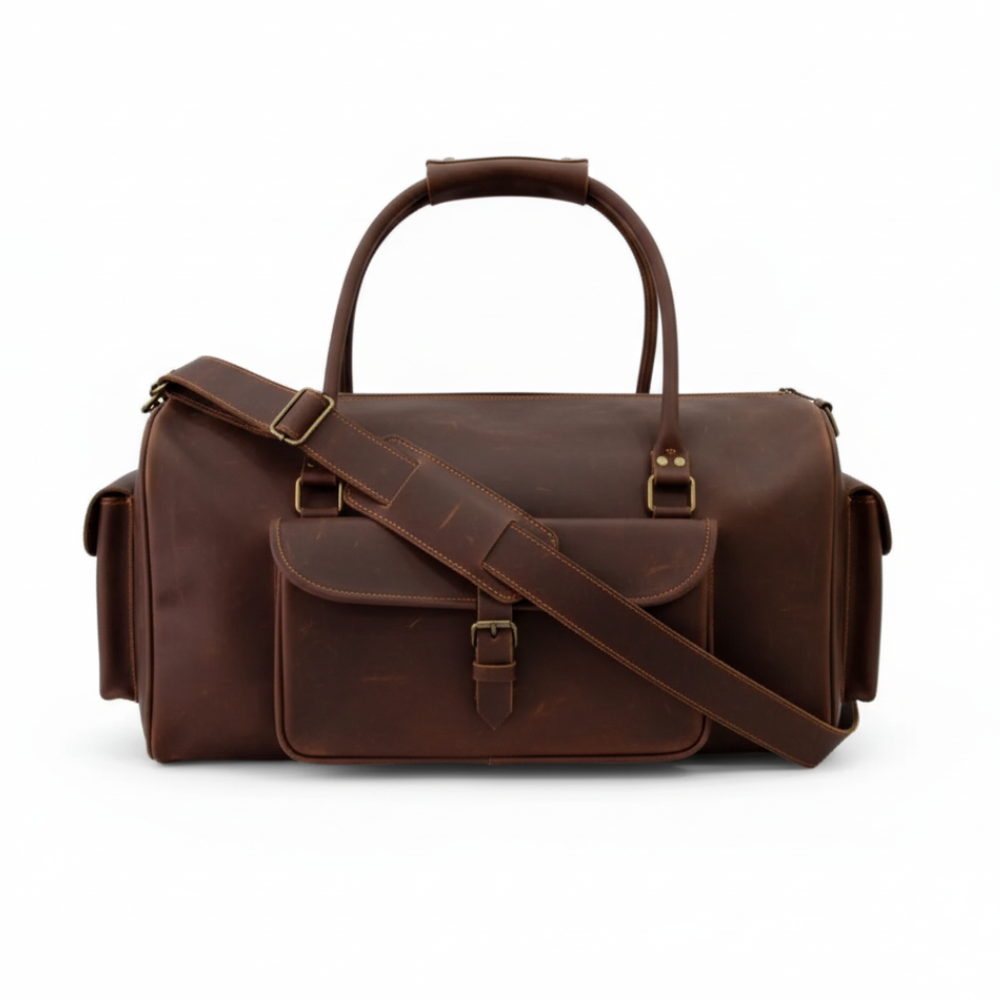 Dark Brown Leather Travel Duffel Bag 1