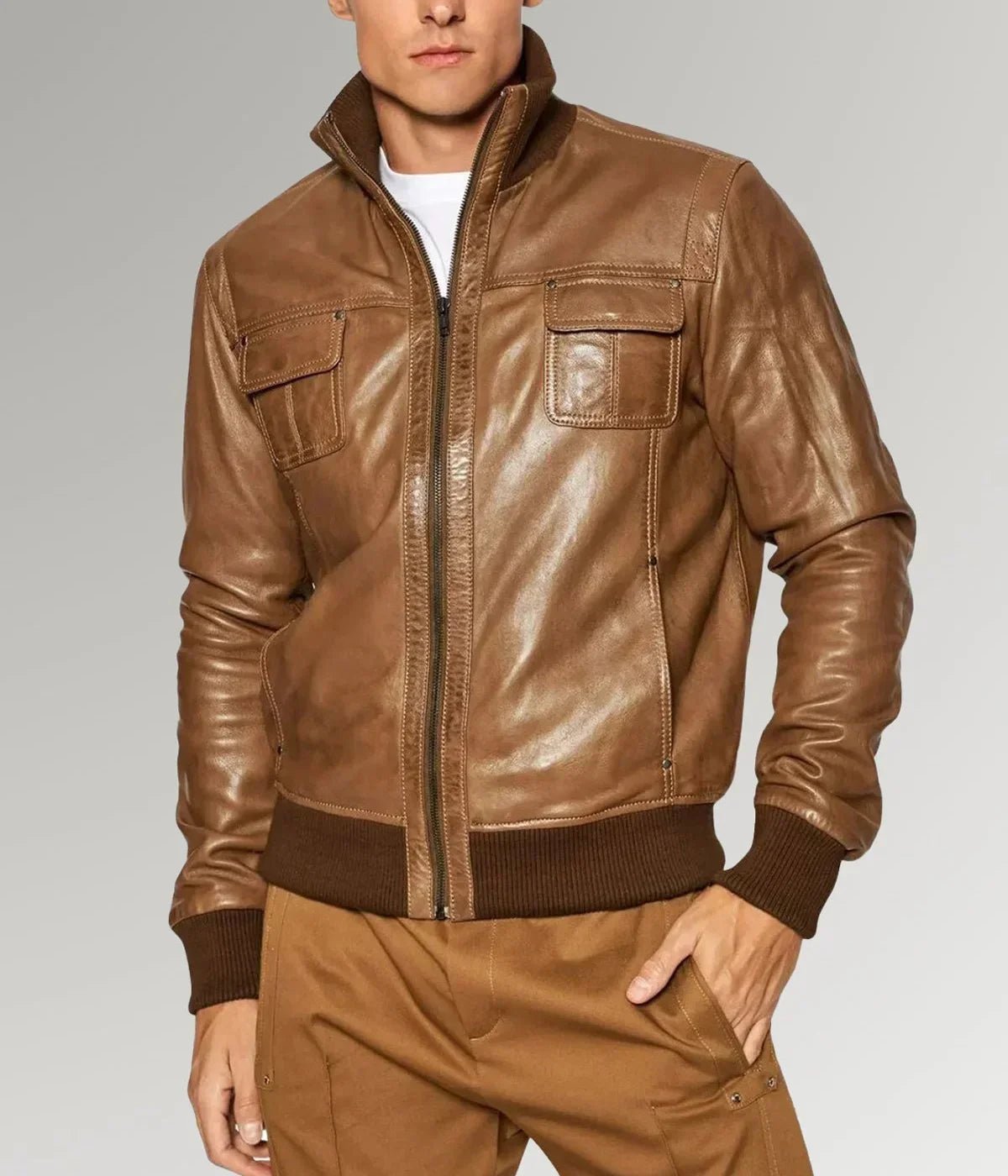 Desert Mirlzar | Men's Brown Sheepskin Leather Bomber Jacket
