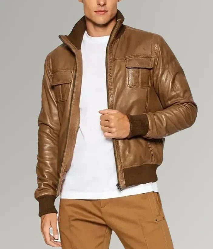 Desert Mirlzar | Men's Brown Sheepskin Leather Bomber Jacket - Image 2