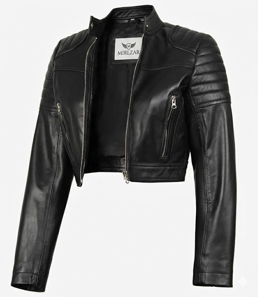 Edna Women’s Black Cropped Leather Jacket – Modern Short Body Fit