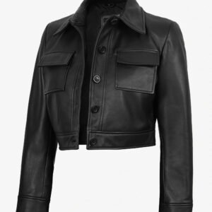 Freddie Women’s Black Cropped Harrington Leather Jacket – Real Lambskin